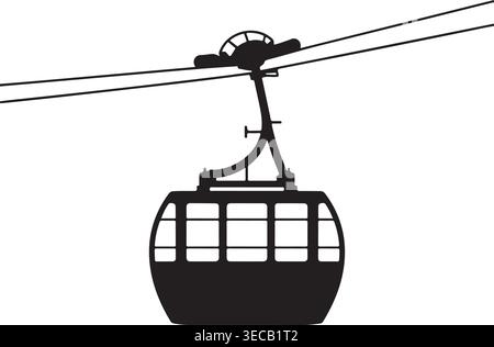 Detaillierte schwarze Silhouettenvektorsymbol einer klassischen Seilbahn oder Gondelbahn, isoliert auf einem sauberen weißen Hintergrund. Ideal für Reisen und Transport. Stock Vektor