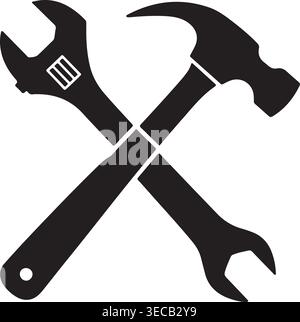 Das Symbol mit gekreuztem Hammer und verstellbarem Schraubenschlüssel steht für wichtige Handwerkzeuge für Reparatur, Bau, Wartung und Handelsdienstleistungen. Stock Vektor