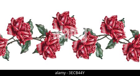Nahtloser Rand aus roten Rosen mit Knospen und grünen Blättern, Aquarellillustration in realistischem Stil. Illustration für Textil, Tapete, Verpackung, g Stockfoto