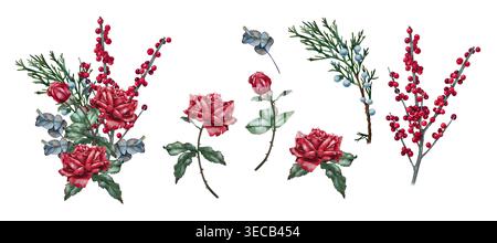 Komposition von roten Rosen mit Grün, Eukalyptus und Beeren, Aquarellillustration im botanischen Stil. Für weihnachtsdekor, Grußkarte, fl Stockfoto
