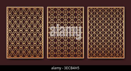 Lasergeschnittene geometrische Muster, abstrakte Vektorhintergründe. CNC-Holzplatten, -Schablonen und moderne dekorative Wandkunst mit dekorativen Griffelementen, eleganten Randschablonen, islamischen Rahmen Stock Vektor