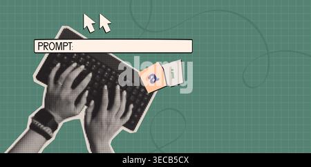 KI-Tech-Collage-Poster mit Halbtonstruktur, Computertastatur, Tippzeiger und Prompt-Rahmenleiste, abstrakter Vektorhintergrund. Retro-Kunstdesign, künstliche Intelligenz, modernes Konzept Stock Vektor