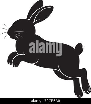 Dynamische schwarze Silhouette eines springenden Hasen, eines wendigen Hasen oder eines schnellen Hasen, eine schlanke Vektorillustration mit klaren Linien, perfekt für Designelemente. Stock Vektor