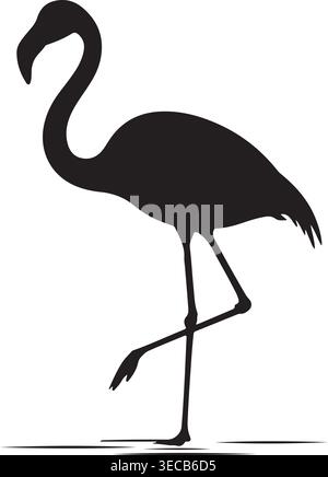Auffällige schwarze Flamingo-Silhouette, anmutig auf einem Bein mit eleganter Nacken- und Körperhaltung, isoliert gegen ein makelloses weiß. Stock Vektor