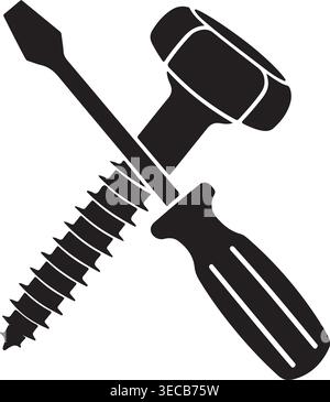 Professionelles Vektorsymbol von gekreuzten Werkzeugen: Hammer und Schraubendreher mit einer Schraube, symbolisiert Reparatur-, Bau-, Wartungs- und Heimwerkerprojekte für. Stock Vektor