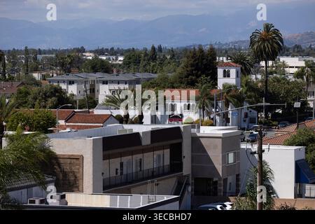 Buena Park, Kalifornien, USA - 11. April 2026: Die Winde von Santa Ana weht Palmen im Stadtkern von Buena Park. Stockfoto