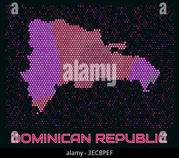 Digitale Hexagon-Karte der Dominikanischen Republik. Leuchtendes magentafarbenes, violettes, neonfarbenes Punktmuster. Winzige, helle Hexagonzellen. Stock Vektor