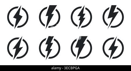 Sammlung von Blitzsymbolen Konzept für Energie, Blitzschlag, Elektrizität, Strom, Elektrizität, Elektrizität, Vektorgrafik für Blitz- oder Spannungssymbol Stock Vektor