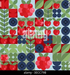 Geometrisches Beerenmuster mit blauen und roten Beeren im minimalistischen flachen Stil. Abstrakte Vektorfruchtsymbole für nahtlose Hintergründe, Verpackungsdesign oder moderne dekorative Elemente. Stock Vektor