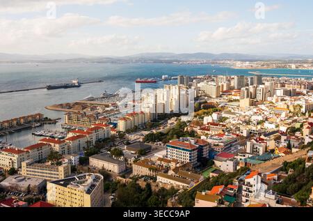 Ein Panoramablick auf Gibraltar, der die dichte Stadtlandschaft, den Yachthafen voller Yachten, moderne Hochhäuser und Schiffe zeigt Stockfoto
