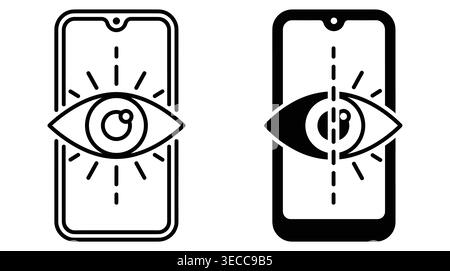 Biometrische Smartphone-Identitätsüberprüfung in flachem Digitalstil, Sicherheitsauthentifizierung, Netzhaut, Scannen, Passwörter und Datenschutz Stock Vektor