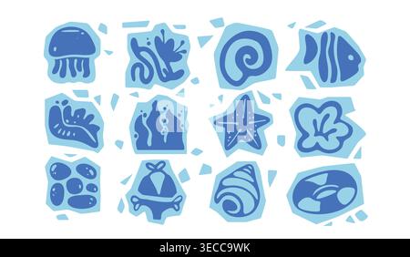 Set aus abstrakten Boho-Ikonen mit blauen Meereselementen. Vektor-Illustration der Sommer Strand Aufkleber mit Fisch, Shell, Algen, Bikinisilhouetten, Muster für tropischen Seebad, Surf Club Banner Design Stock Vektor