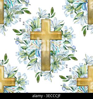 Handgezeichnetes nahtloses Aquarellmuster mit goldenen christlichen Kreuzen, umgeben von üppigen Blumensträußen aus blauen Lilien und grünen Blättern. Spirituell Stockfoto