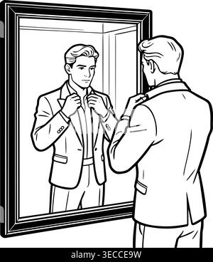 Mann im Anzug Verstellender Kragen vor einer Spiegellinie Art Vektor Illustration, symbolisiert Vorbereitung und Pflege Stock Vektor