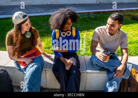 Verschiedene Studenten, die auf der Campus-Bank der Universität sprechen Stockfoto