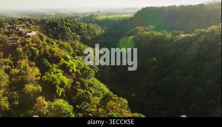 Üppig grüner tropischer Regenwald mit Berghügeln und tiefem Tal, beleuchtet von goldenem Sonnenuntergang und warmer Linsenflackerung, natürliche Schönheit der Lombok Insellandschaft. Luftaufnahmen Stockfoto