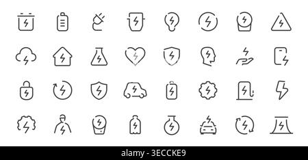 Symbole für Energie- und Stromleitung gesetzt. Symbole für Batterie, Ladung, Stromversorgung Stock Vektor