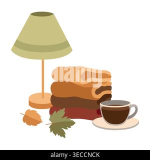 Handgezeichnete Herbstillustration von warmer Kleidung, heißem Tee, Ahornblatt und Tischlampe für Verpackung und Herbststimmung gemütliche Projekte Stock Vektor