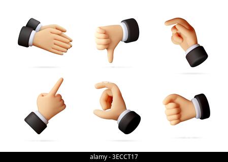 3D-Cartoon-Handgesten-Set mit Anzugsärmeln. Menschliche Hand zeigt verschiedene Zeichen wie Zeigen, Greifen, Faust und Daumen nach unten. Geschäftskommunikation i Stock Vektor