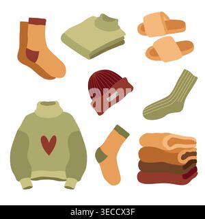 Handgezeichnete Herbstillustration von warmer saisonaler Kleidung, Pullover, Socken, Hut, Hausschuhe zum Verpacken und Herbststimmung gemütliche Projekte Stock Vektor