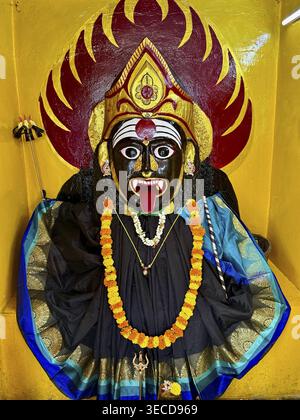 Farbenfrohe Darstellung der Göttin Kali, festlich mit Blumen dekoriert, Bengaluru (oder Bangalore), Karnataka, Indien Stockfoto