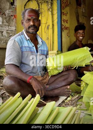 Ein älterer Mann sitzt mit Bananenblättern, während ein anderer im Hintergrund arbeitet, Chennai, Tamil Nadu, Indien Stockfoto