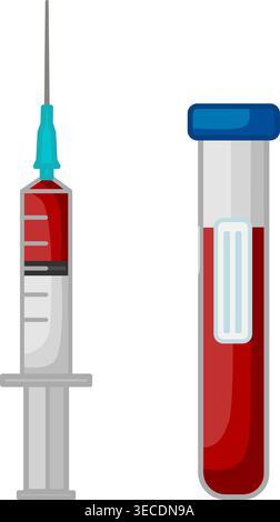 Spritze und Teströhrchen mit Blut. Medizinkonzept. Vektor-Illustration des Bluttests Stock Vektor
