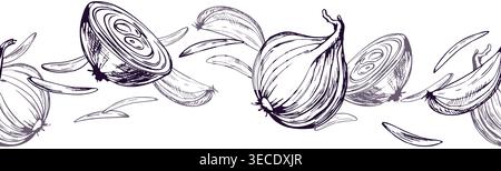 Zwiebelgemüse Hand gezeichnete Tusche Rand Illustration. Grafische Linienzeichnung mit geschnittener Zwiebel für Lebensmittelverpackungen und kulinarische Designs. Schwarzweiß Stock Vektor
