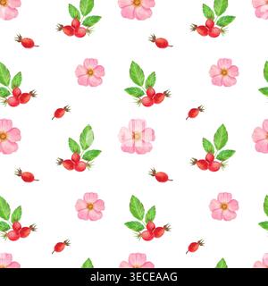 Rosafarbene Hüften mit grünen Blättern und roten Beeren, nahtloses Aquarellmuster. Handgezeichnetes Ornament mit zarten frischen Pflanzen und Früchten. Wilde Blumen Stockfoto