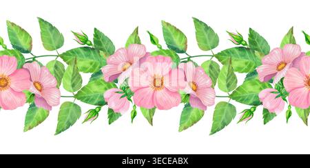 Rosafarbene Hüften mit üppigem Laub, nahtloser handgezeichneter Aquarellrand. Verzierung mit zarten frischen Pflanzen und grünen Blättern. Wildblumen für Packagi Stockfoto
