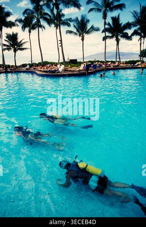 Hotelgäste, die in einem Hotelpool in einem gehobenen Hotel auf Maui Island, Hawaii, USA, tauchen möchten Stockfoto