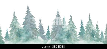 Wasserfarben Winterwald nahtlose Grenze mit Kiefern und Fichtenbäumen. Verschneite Waldlandschaften wiederholen horizontalen Rahmen isoliert auf weiß. Vektor-EPS. Stock Vektor