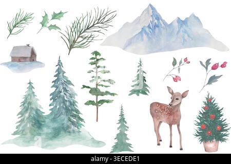 Wasserfarben Winterlandschaft Set. Berge, Hirsche, Waldbäume, gemütliche Hütte, stechpalme, Weihnachtsbaumsammlung isoliert auf White.Vector EPS. Stock Vektor