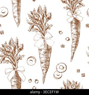 Nahtloses, handgezeichnetes Karottenmuster mit Tinte und Zeichenstift. Einfarbige grafische Umrissillustration für Gemüse, Bio-Ernte, gesund Stock Vektor