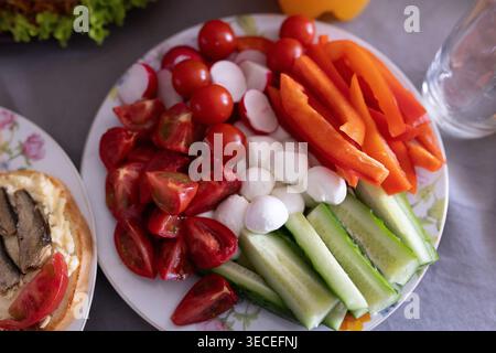 Frische Gemüseplatte mit Kirschtomaten, Gurken, Paprika und Mozzarella. Stockfoto
