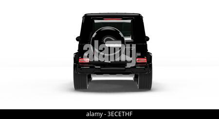 Isoliertes 3D-Rendering eines schwarzen modernen Luxus-SUV mit aggressivem diagonalem Design, vollständige Rückansicht auf weißem Hintergrund. Stockfoto