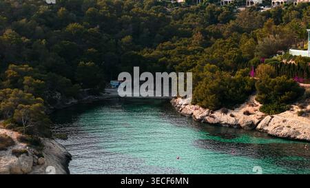 Cala mago Bucht mit türkisfarbenem Wasser und grünen Kiefernwäldern Stockfoto