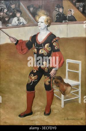 Pierre-Auguste Renoir - der Clown - 1868 - das Gemälde zeigt einen Clown in einem farbenfrohen Kostüm mit Schmetterlingsstickerei, der in einer Zirkusarena steht und eine Geige hält. Stockfoto
