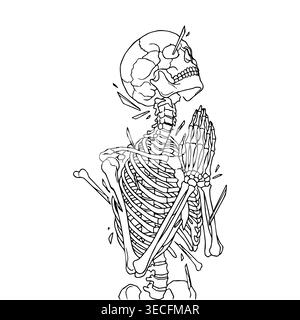 Dieses Bild zeigt eine Schwarzweiß-Strichgrafik eines menschlichen Skeletts, das oft für Tätowierungen oder Ausmalseiten stilisiert ist. Stock Vektor