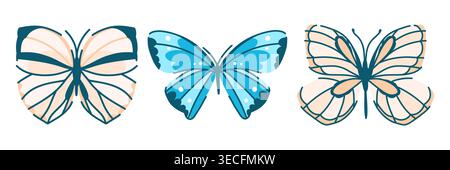 Set aus zarten Schmetterlingen auf weißen, blauen und cremefarbenen Insekten mit zerbrechlichen Flügeln isoliert auf weiß im Doodle-Stil Stock Vektor
