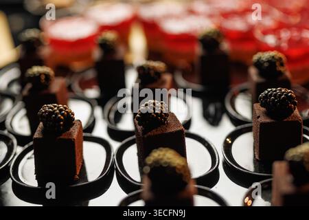 Elegante Mini-Kuchen aus dunkler Schokolade mit Reifen Brombeeren, die auf schwarzen Einzeltellern für Catering angeordnet sind. Stockfoto