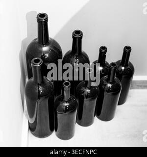 Ein schwarz-weißes Stillleben mit dunklen Glasflaschen mit scharfen Reflexen und Schatten. Stockfoto