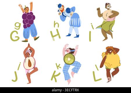 Alphabet Poster von G bis L verschiedene Personen in Obst- und Beerenkostümen, Lehrmaterialien für Menschen, Kostümparty Stock Vektor