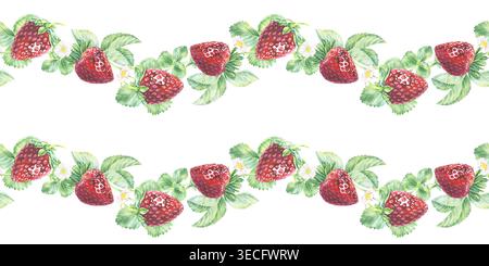 Nahtloser Rand mit Erdbeeraquarell. Illustration rote reife Früchte mit Blumen und Blättern handgezeichnet. Botanische realistische Naturskizze. Gartenpatt Stockfoto