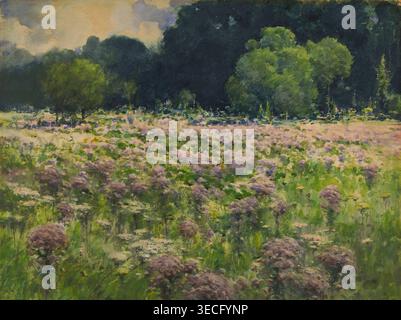 Historische Illustration des Feldes der Joe Pie Unkraut (Pride of the Meadow), einer blühenden Wiese mit sanften lila Blüten und üppigem Grün unter einem baumgesäumten Horizont, von William Henry Holmes. Stockfoto