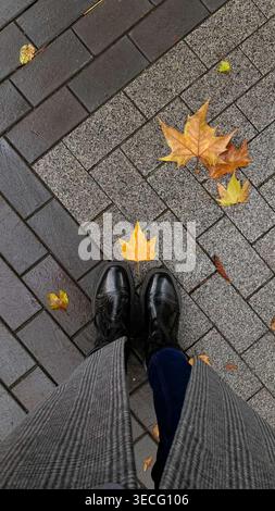 Die Schuhe befinden sich auf einem gepflasterten Gehweg mit verstreuten Blättern in Gelb- und Brauntönen. Das Wetter wirkt bewölkt und kühl, was auf den Herbst hindeutet Stockfoto