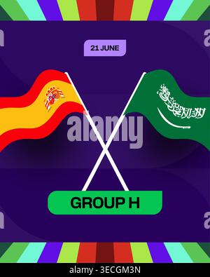 Spanien gegen Saudi Arabien Fußball 2026 Spielankündigung für Gruppe H-Turnier mit wehenden Fahnen Vektor-Grafik. Stock Vektor