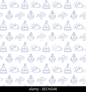 Nahtloses Muster mit Segelbooten, Ankern, Wolken und Wind im blauen Linienstil auf weißem Hintergrund. Umrissene nautische Aufdrucke. Stock Vektor