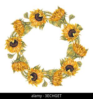 Aquarellillustration eines runden Kranzes aus hellgelben Sonnenblumen und grünen Blättern im rustikalen Stil. Abbildung für umweltfreundliche Verpackungen, Etiketten, A Stockfoto