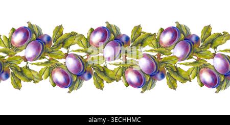 Nahtloser Rand in Aquarellfarben mit handbemalten lila Pflaumen auf grünen Blattzweigen. Illustration für Verpackung, Tapete, Küchentextilien, Lebensmittelmarke Stockfoto